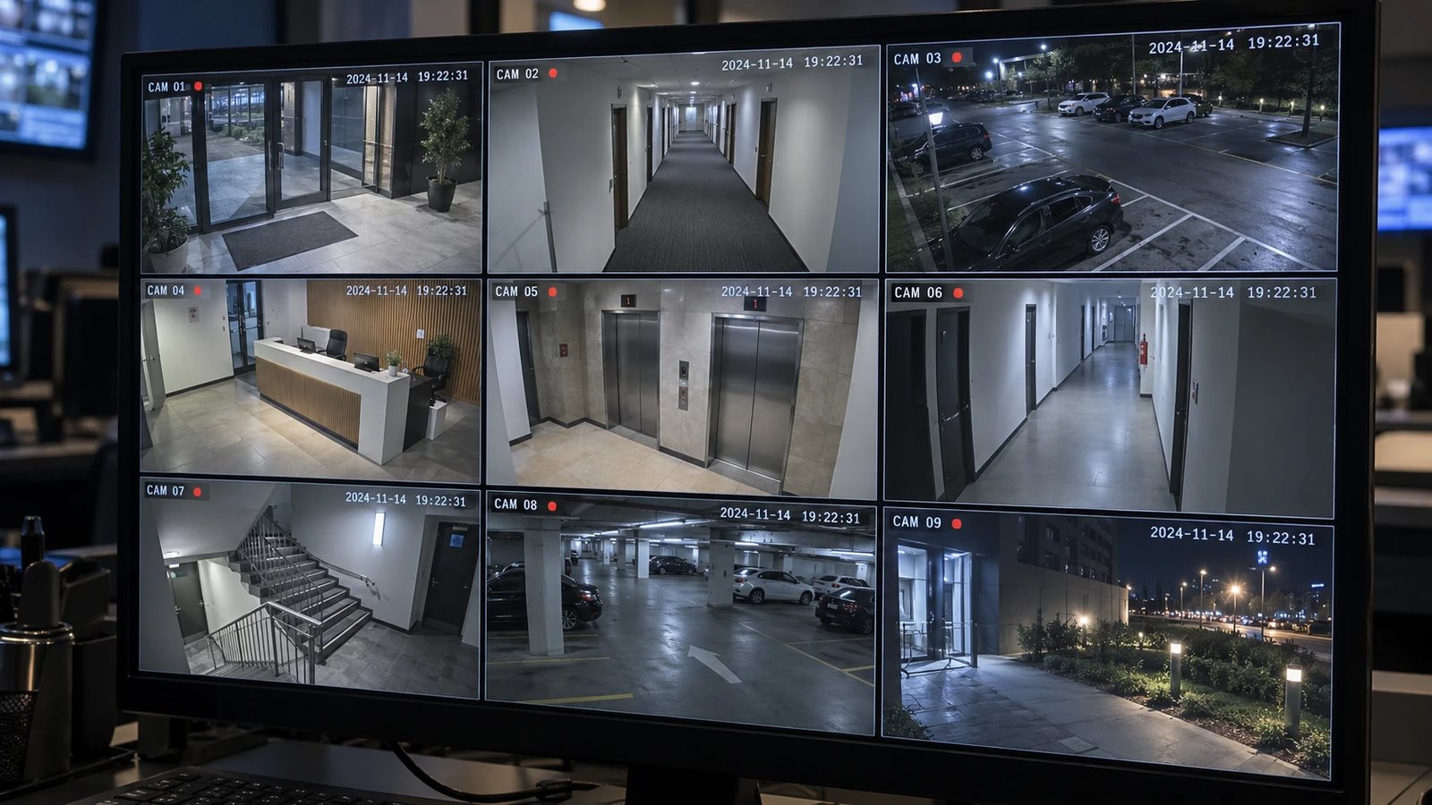 Monitor de vigilancia con nueve cámaras en directo
